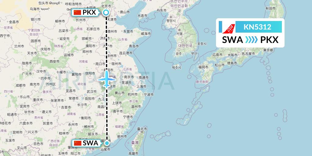 KN5312 China United Airlines Flight Map: Jieyang to Beijing