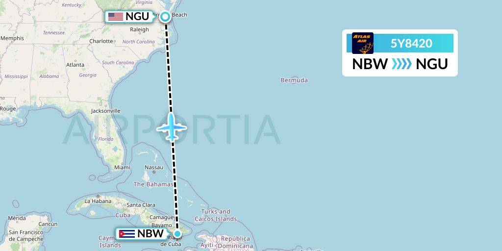 5Y8420 Atlas Air Flight Map: Guantanamo Bay Naval Station to Norfolk