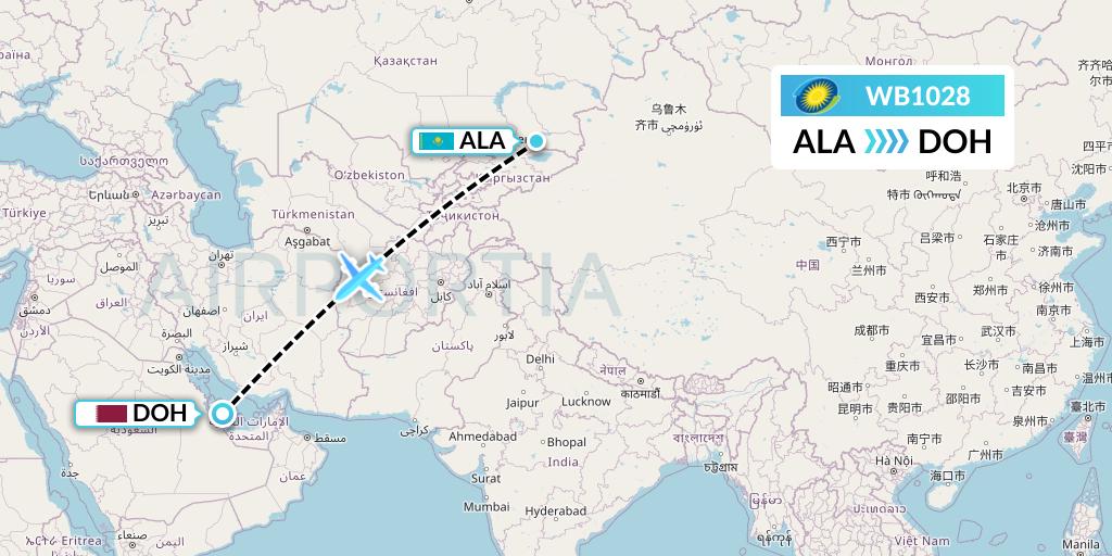 WB1028 RwandAir Flight Map: Almaty to Doha