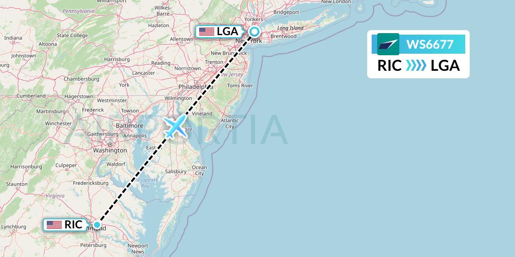 WS6677 WestJet Flight Map: Richmond to New York