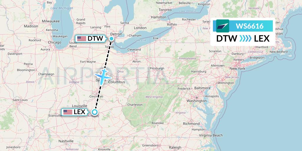 WS6616 WestJet Flight Map: Detroit to Lexington
