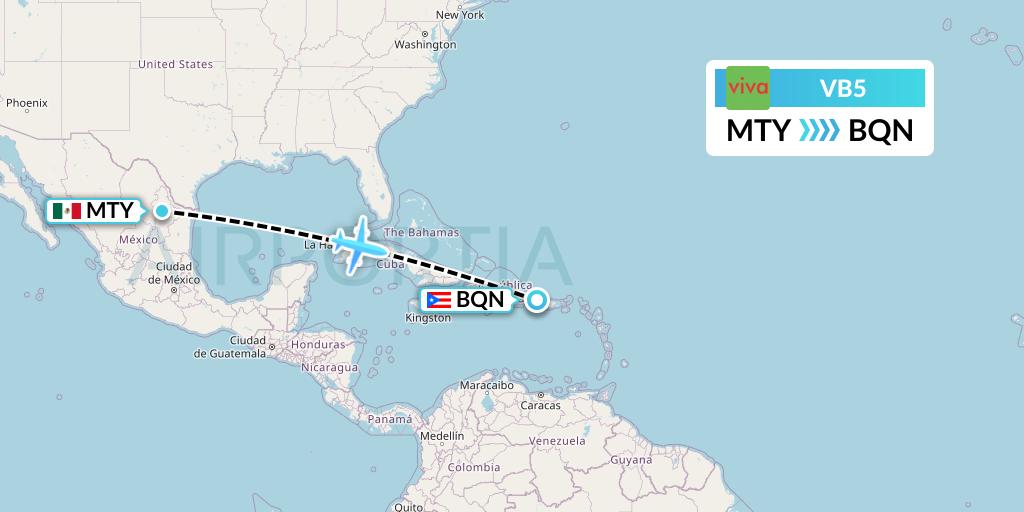 VB5 VivaAerobus Flight Map: Monterrey to Aguadilla