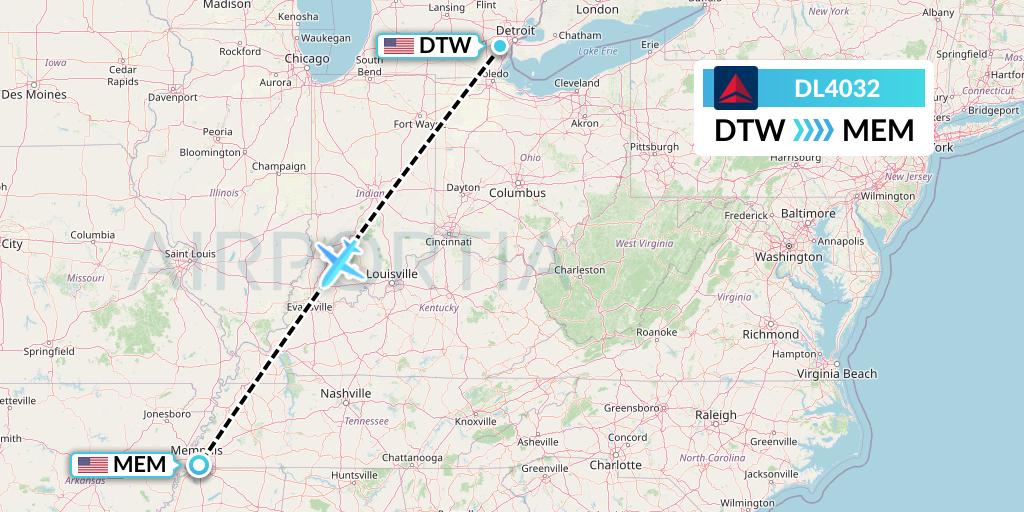 DL4032 Delta Air Lines Flight Map: Detroit to Memphis