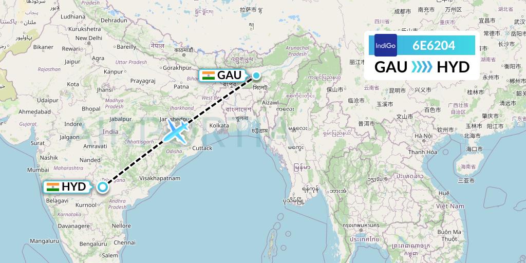 6E6204 IndiGo Airlines Flight Map: Guwahati to Hyderabad