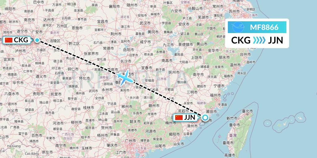 MF8866 Xiamen Airlines Flight Map: Chongqing to Jinjiang