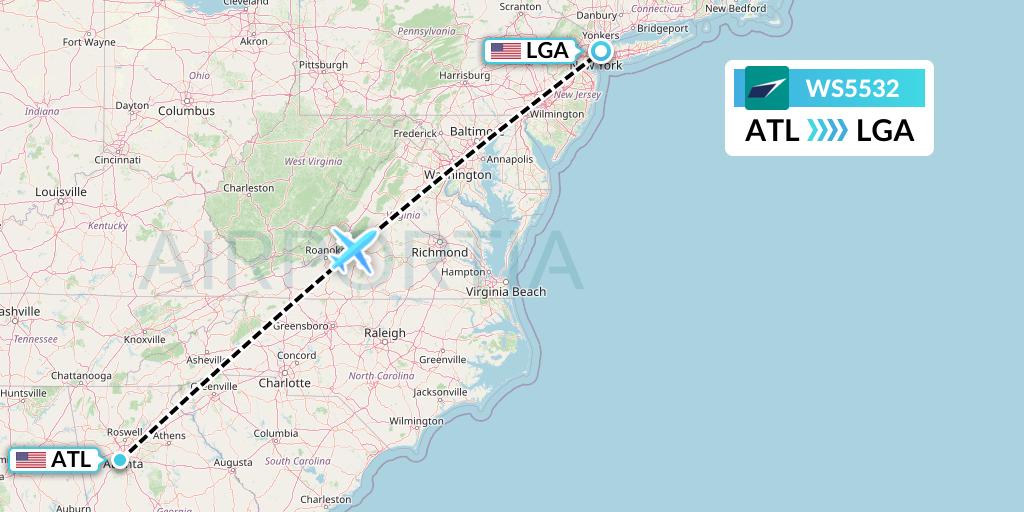 WS5532 WestJet Flight Map: Atlanta to New York