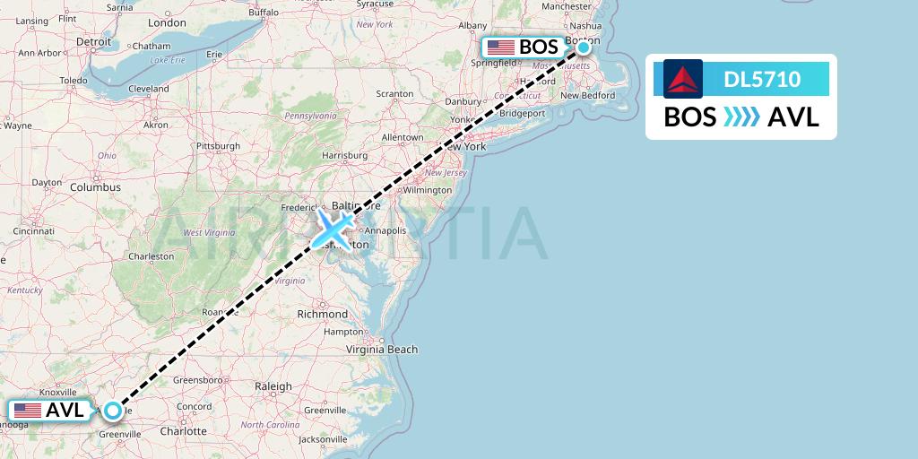 DL5710 Delta Air Lines Flight Map: Boston to Asheville