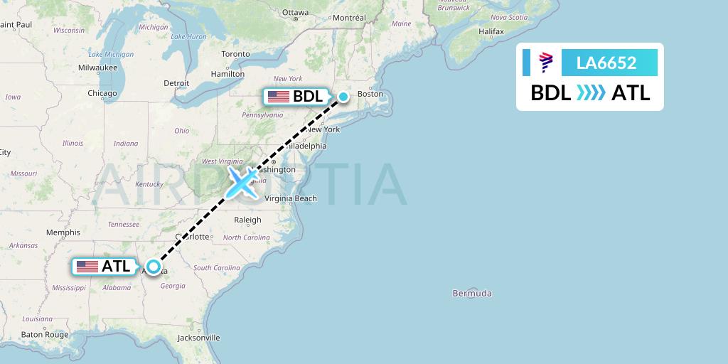 LA6652 LAN Airlines Flight Map: Windsor Locks to Atlanta