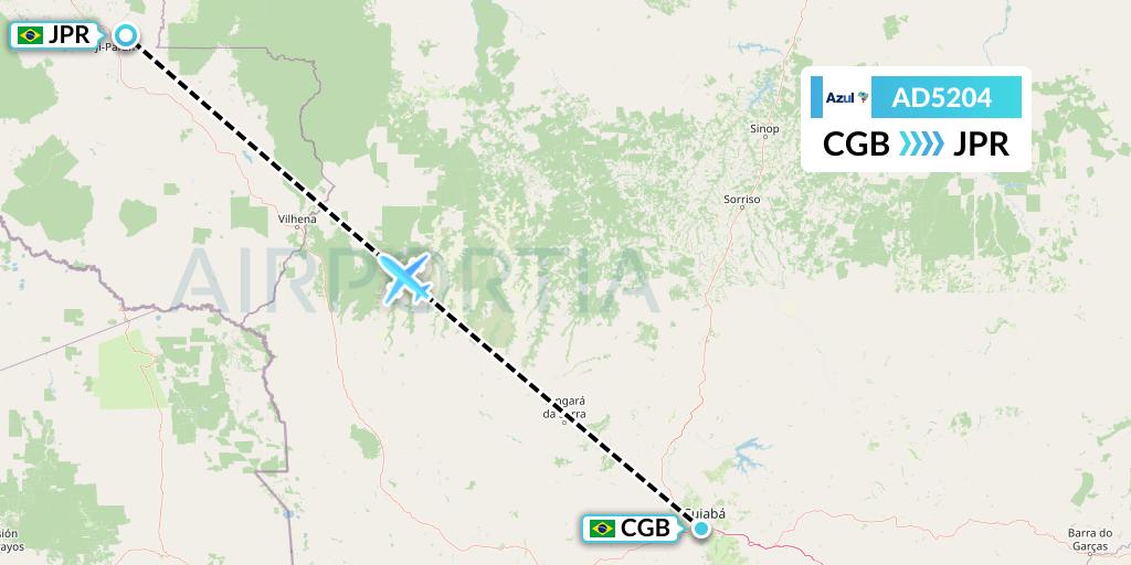 AD5204 Azul Brazilian Airlines Flight Map: Cuiaba to Ji-Parana