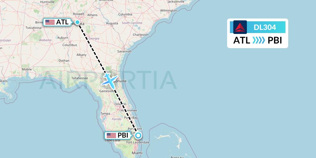 DL304 Delta Air Lines Flight Map: Atlanta to West Palm Beach