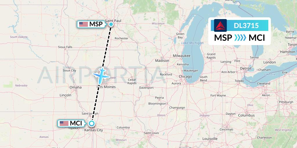 DL3715 Delta Air Lines Flight Map: Minneapolis to Kansas City