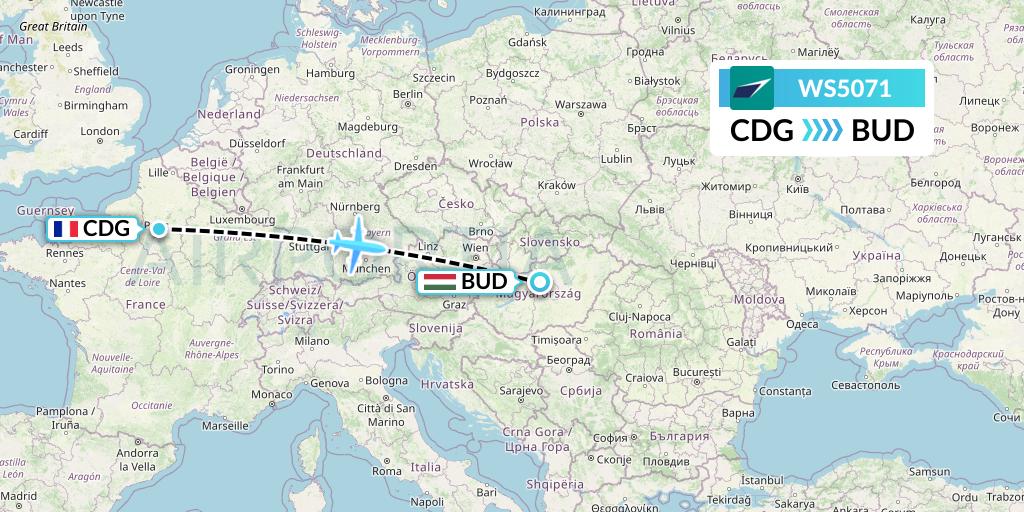 WS5071 WestJet Flight Map: Paris to Budapest