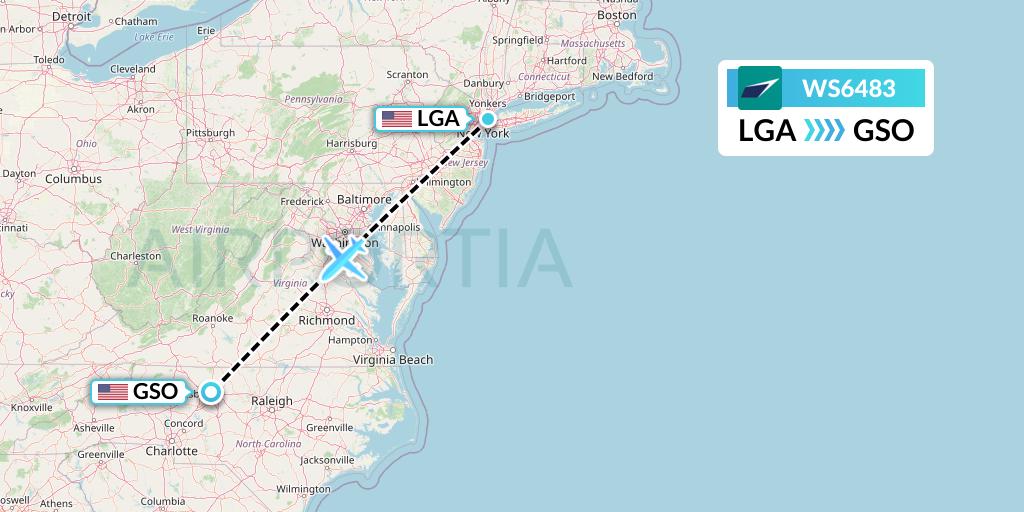 WS6483 WestJet Flight Map: New York to Greensboro