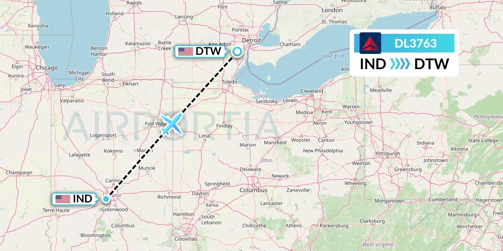 DL3763 Delta Air Lines Flight Map: Indianapolis to Detroit