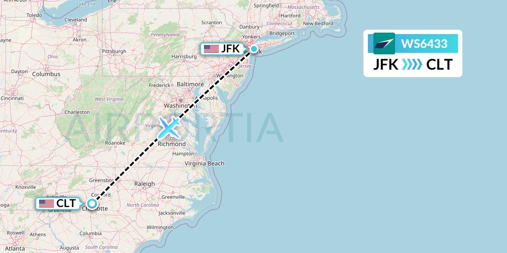 WS6433 WestJet Flight Map: New York to Charlotte
