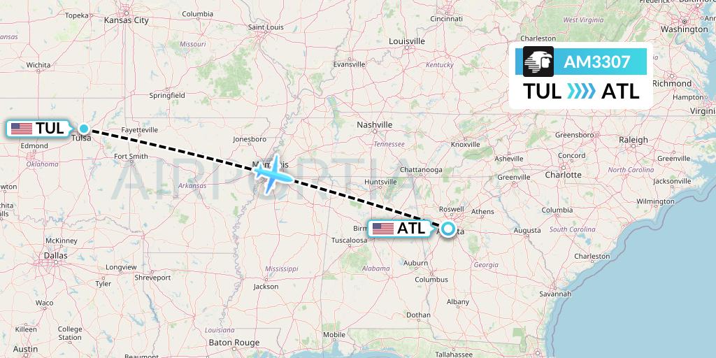 AM3307 Aeromexico Flight Map: Tulsa to Atlanta