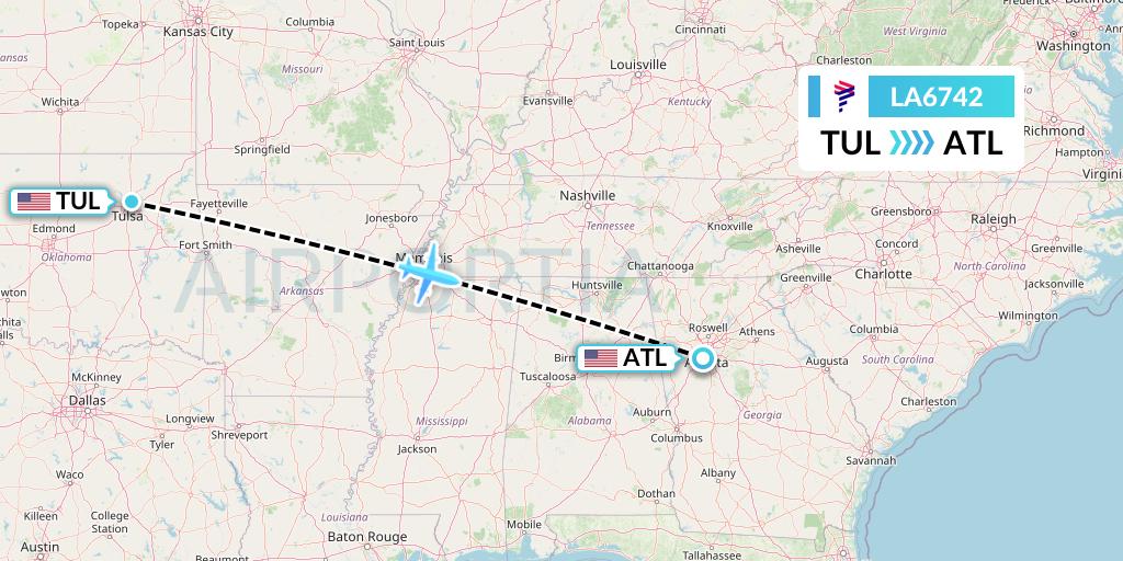 LA6742 LAN Airlines Flight Map: Tulsa to Atlanta