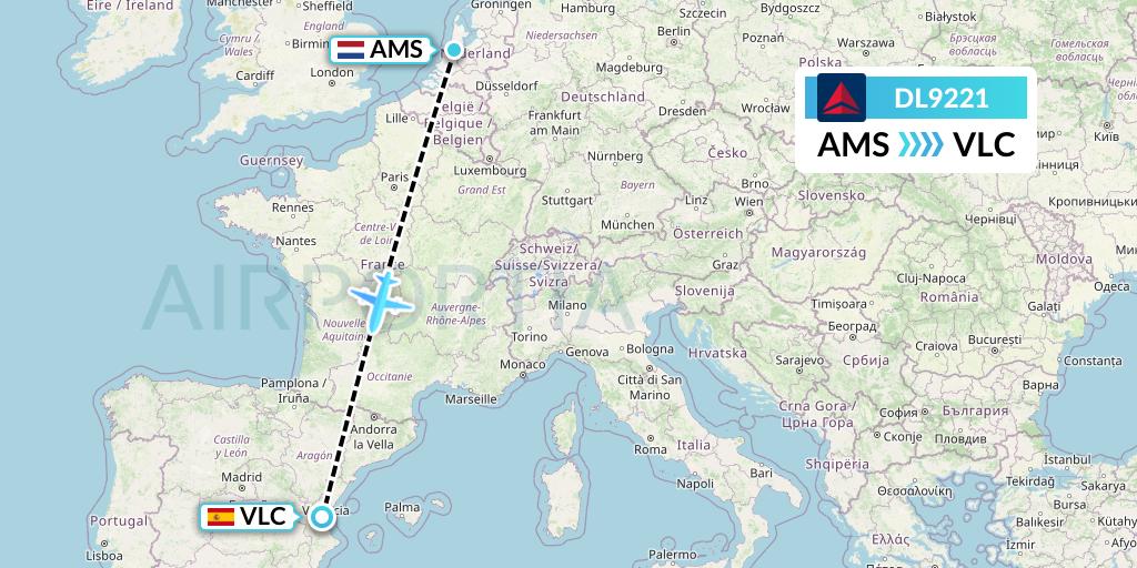 DL9221 Delta Air Lines Flight Map: Amsterdam to Valencia