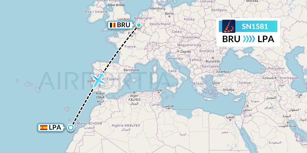 SN1581 Brussels Airlines Flight Map: Brussels to Las Palmas