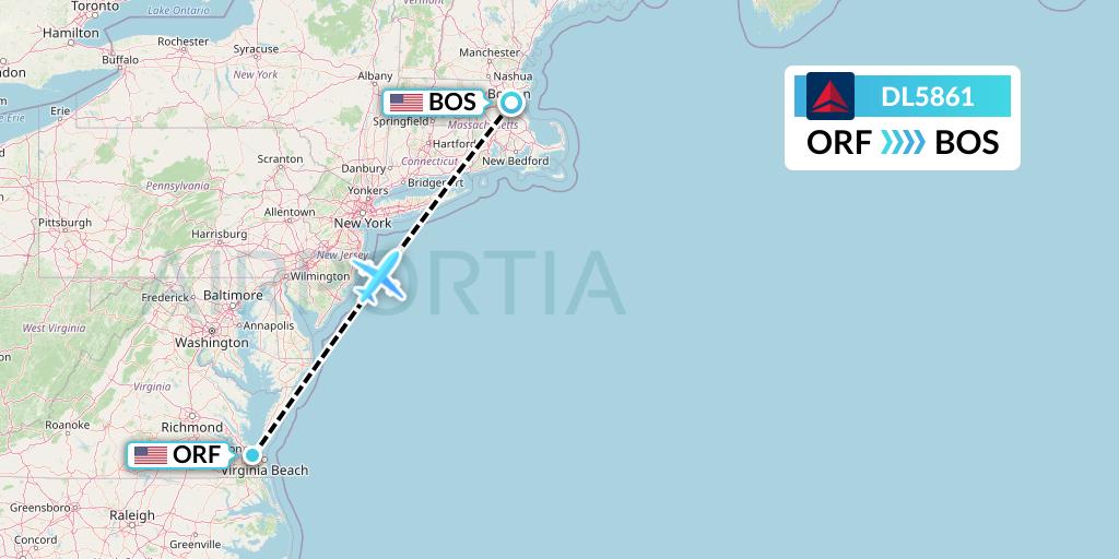 DL5861 Delta Air Lines Flight Map: Norfolk to Boston
