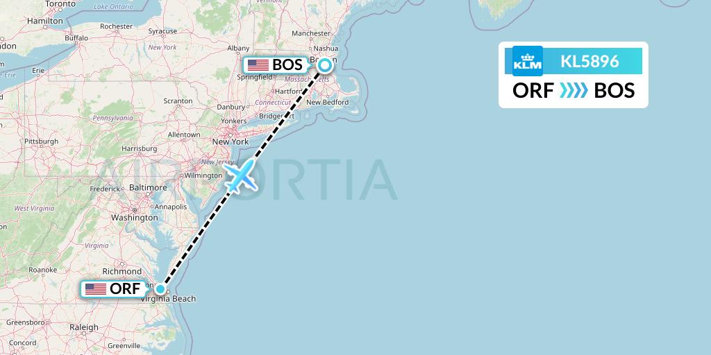 KL5896 KLM Flight Map: Norfolk to Boston