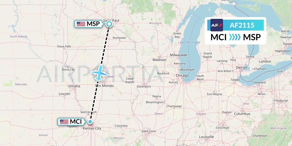 AF2115 Air France Flight Map: Kansas City to Minneapolis