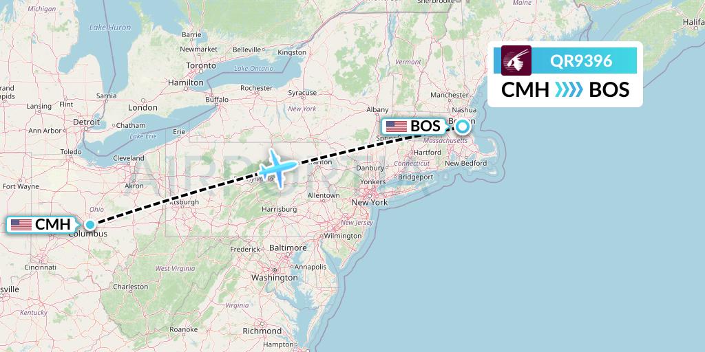 QR9396 Qatar Airways Flight Map: Columbus to Boston