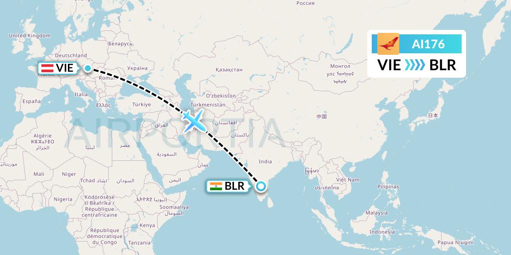 AI176 Air India Flight Map: Vienna to Bangalore