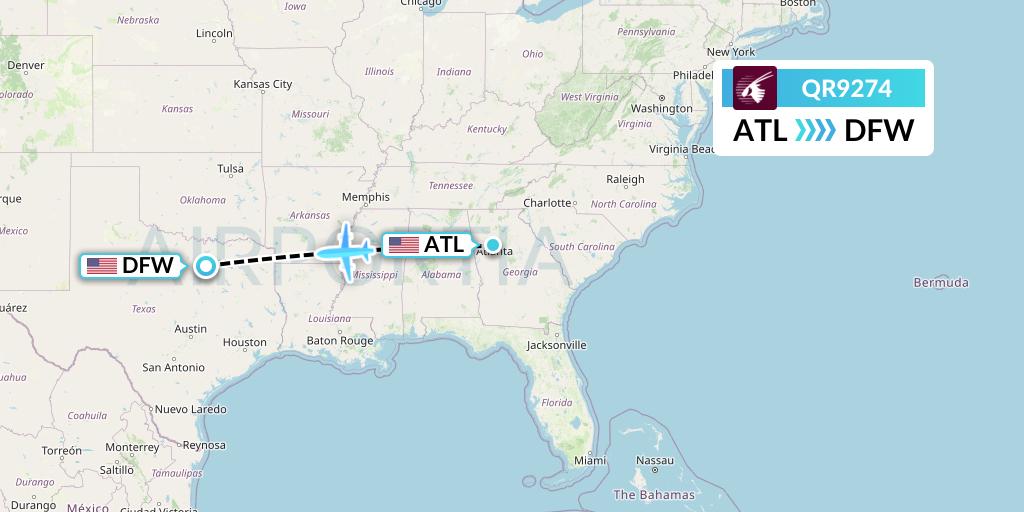 QR9274 Qatar Airways Flight Map: Atlanta to Dallas
