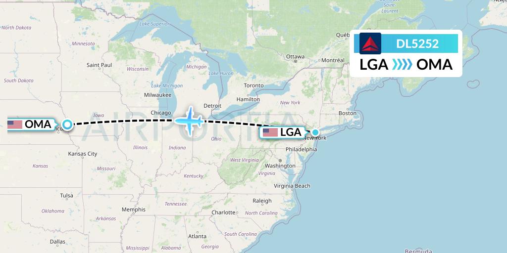 DL5252 Delta Air Lines Flight Map: New York to Omaha