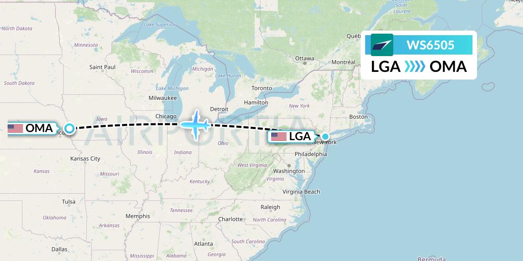 WS6505 WestJet Flight Map: New York to Omaha