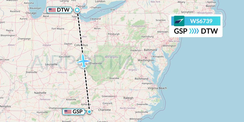 WS6739 WestJet Flight Map: Greenville-Spartanburg to Detroit