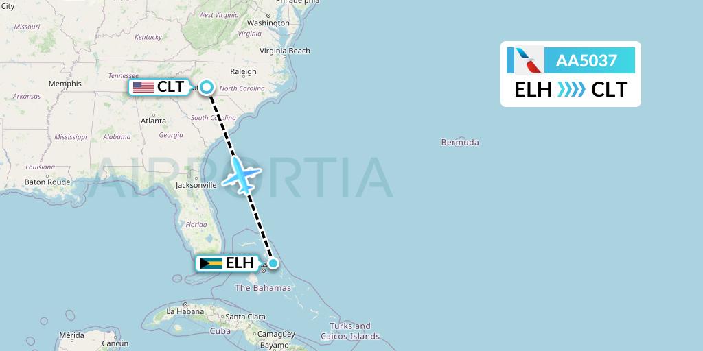 AA5037 American Airlines Flight Map: North Eleuthera to Charlotte