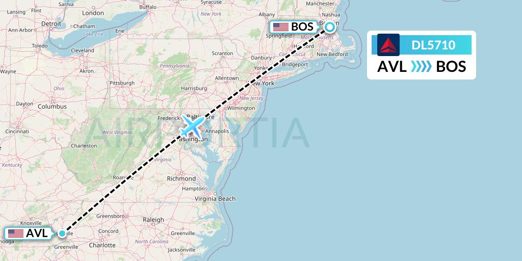 DL5710 Delta Air Lines Flight Map: Asheville to Boston