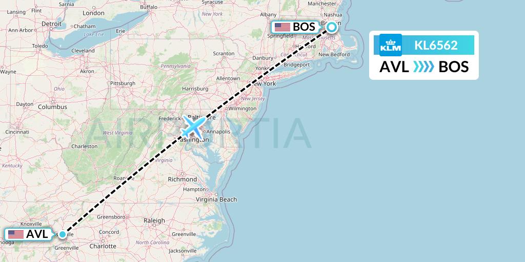 KL6562 KLM Flight Map: Asheville to Boston