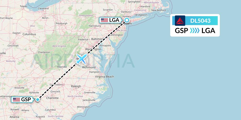 DL5043 Delta Air Lines Flight Map: Greenville-Spartanburg to New York