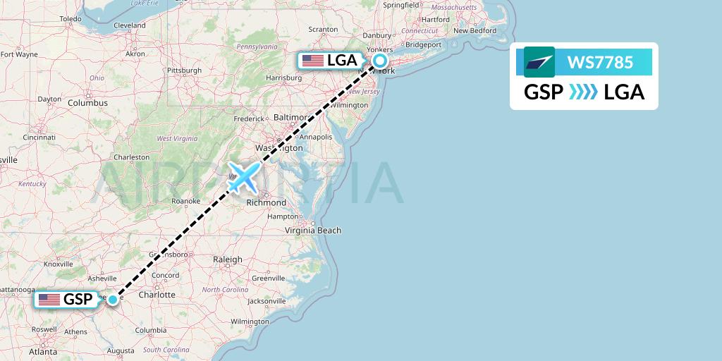 WS7785 WestJet Flight Map: Greenville-Spartanburg to New York