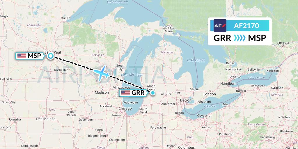 AF2170 Air France Flight Map: Grand Rapids to Minneapolis