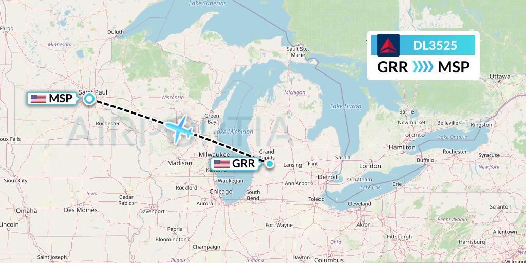 DL3525 Delta Air Lines Flight Map: Grand Rapids to Minneapolis