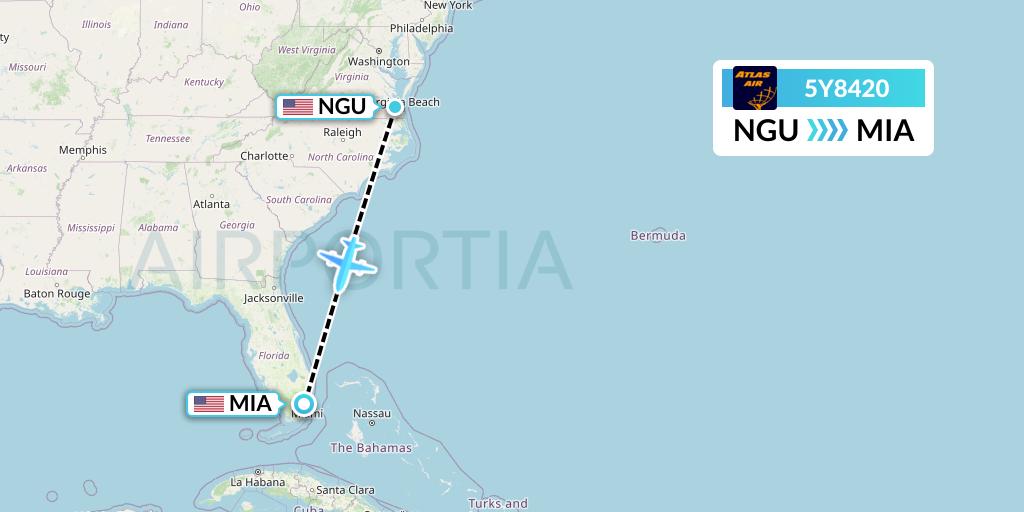 5Y8420 Atlas Air Flight Map: Norfolk to Miami
