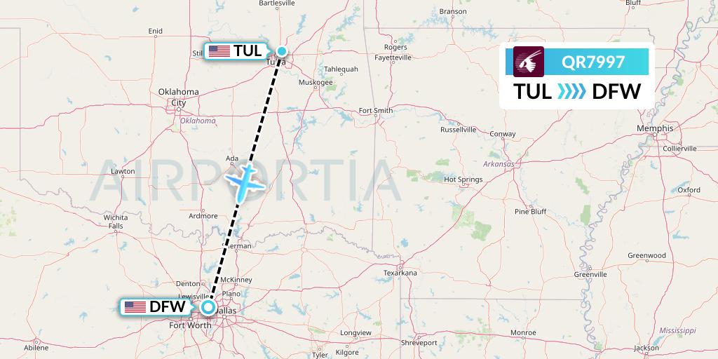 QR7997 Qatar Airways Flight Map: Tulsa to Dallas