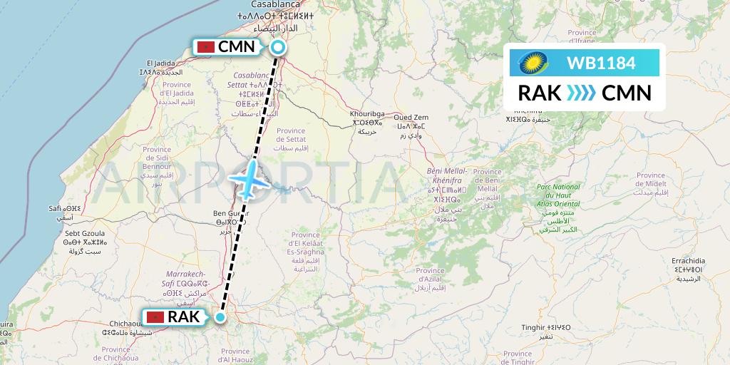 WB1184 RwandAir Flight Map: Marrakesh to Casablanca