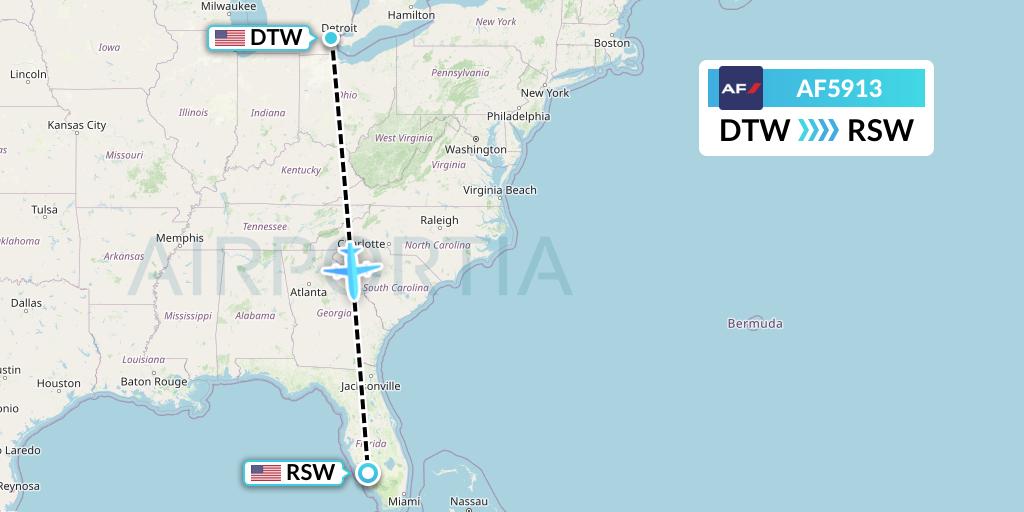 AF5913 Air France Flight Map: Detroit to Fort Myers