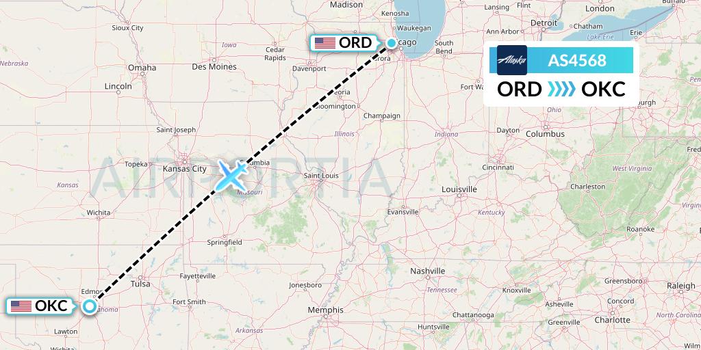 AS4568 Alaska Airlines Flight Map: Chicago to Oklahoma City