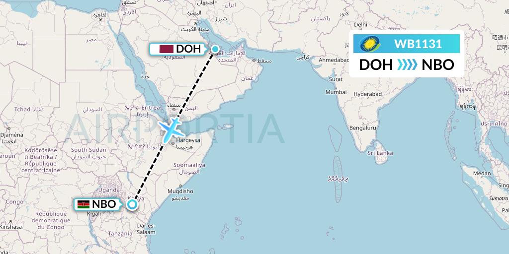 WB1131 RwandAir Flight Map: Doha to Nairobi