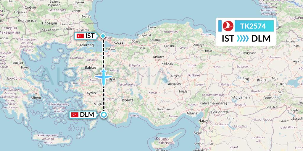 TK2574 Turkish Airlines Flight Map: Istanbul to Dalaman