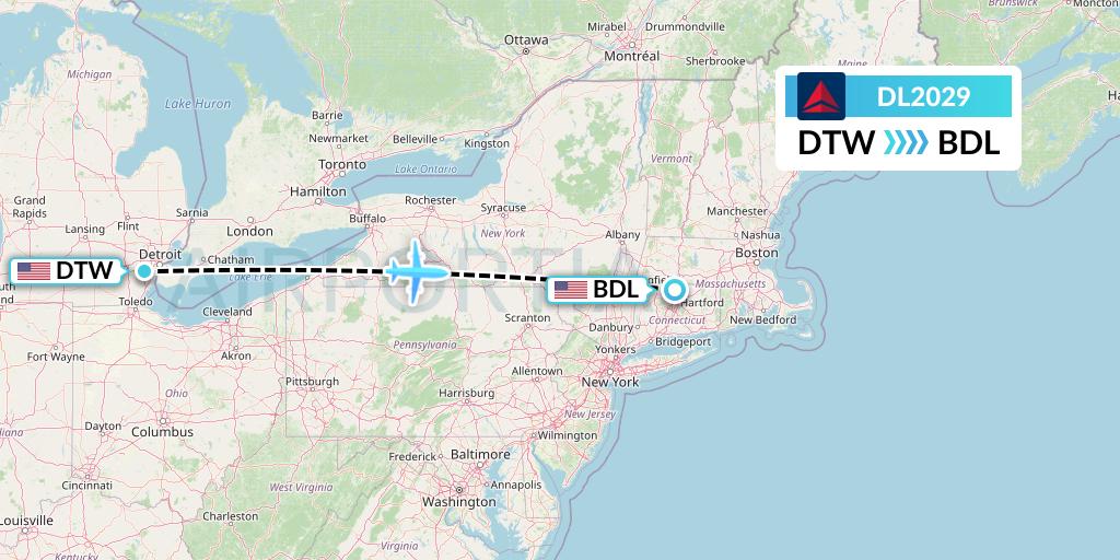 DL2029 Delta Air Lines Flight Map: Detroit to Windsor Locks