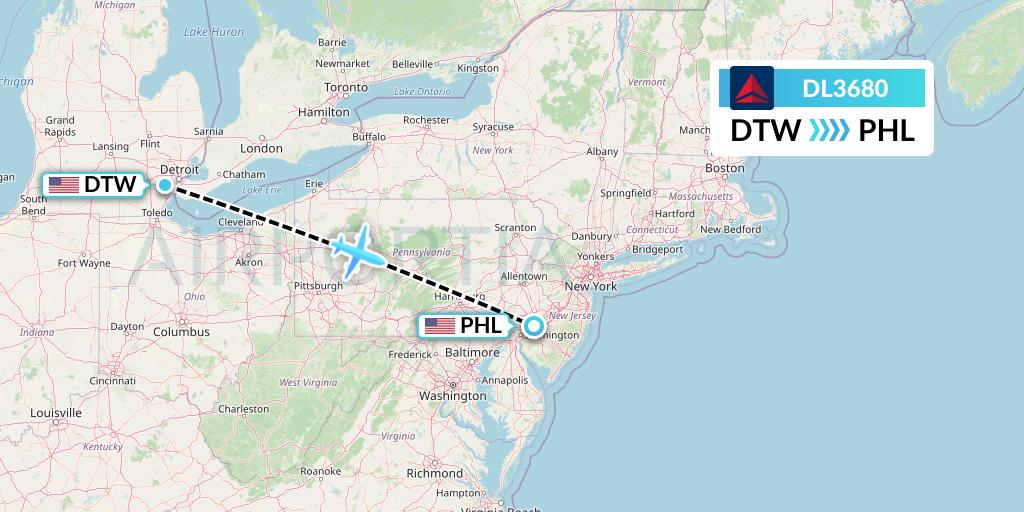 DL3680 Delta Air Lines Flight Map: Detroit to Philadelphia