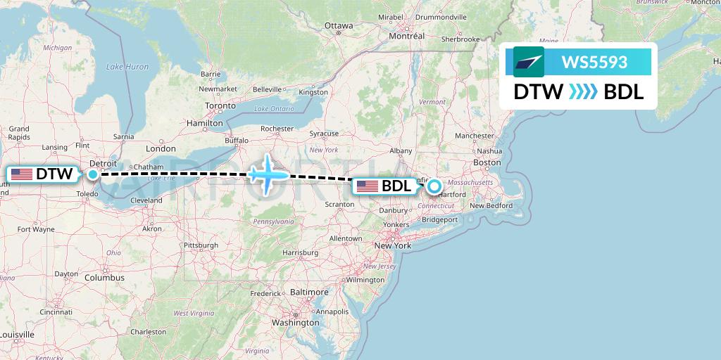 WS5593 WestJet Flight Map: Detroit to Windsor Locks