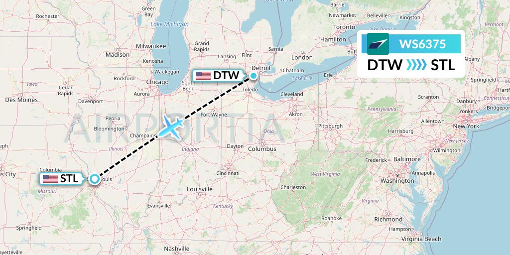 WS6375 WestJet Flight Map: Detroit to St. Louis